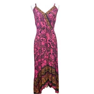 Women's Dress Medium Maxi Midi Boho Pink Paisley Wrap Top Beach Vacation Hippie